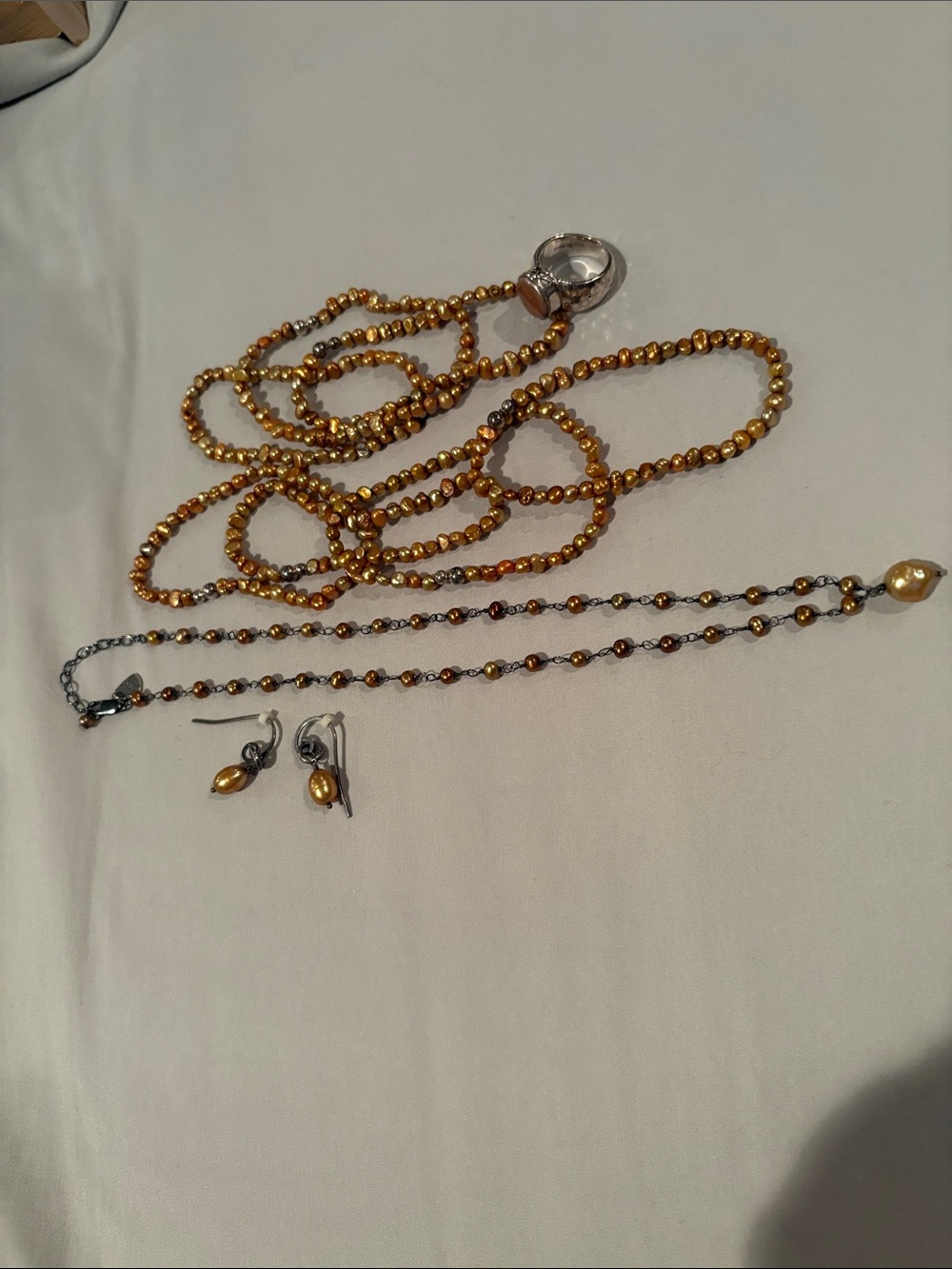 Silpada Bronze Freshwater Pearl Beaded Necklace, Bracelet, Drop Earring & Ring